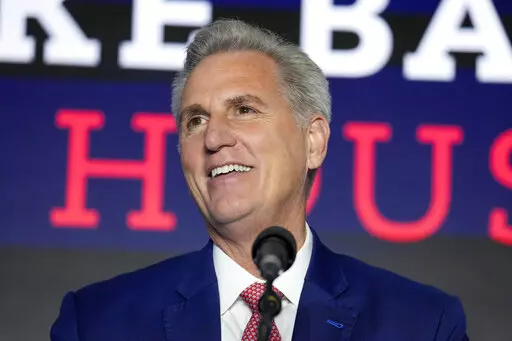 House Minority Leader Kevin McCarthy of Calif., speaks at an election event, early Wednesday, Nov. 9, 2022, in Washington. (AP Photo/Alex Brandon)