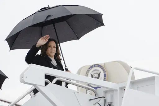 Vice President Kamala Harris boards Air Force Two, Monday, July 22, 2024 at Andrews Air Force Base, Md. (Erin Schaff/The New York Times via AP, Pool)