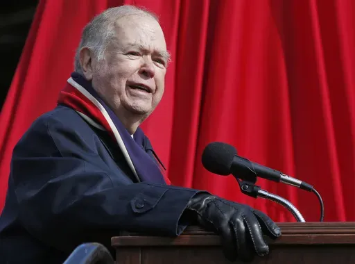 David Boren, president of the University of Oklahoma, speaks during the unveiling of a statue of former head football coach Bob Stoops in Norman, Okla., Saturday, April 14, 2018. (AP Photo/Sue Ogrocki, File)