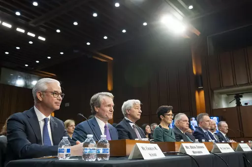 Charles W. Scharf, CEO and President, Wells Fargo & Company; Brian Thomas Moynihan, Chairman and CEO, Bank of America; Jamie Dimon, Chairman and CEO, JPMorgan Chase & Co.; Jane Fraser, CEO, Citigroup; Ronald O'Hanley, CEO, State Street; Robin Vince, CEO, BNY Mellon; David Solomon, CEO, Goldman Sachs; and James P. Gorman, CEO, Morgan Stanley, testify during a Senate Banking, Housing, and Urban Affairs Committee oversight hearing to examine Wall Street firms on Capitol Hill, Wednesday, Dec. 6, 202