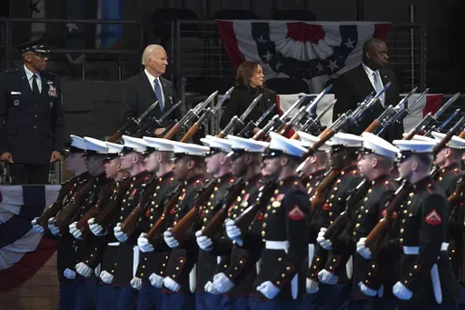 Chairman of the Joint Chiefs of Staff Gen. CQ Brown, from left, President Joe Biden, Vice President Kamala Harris and Defense Secretary Lloyd Austin watch during a Department of Defense Commander in Chief farewell ceremony at Joint Base Myer-Henderson Hall, Thursday, Jan. 16, 2025, in Arlington, Va. (AP Photo/Evan Vucci)