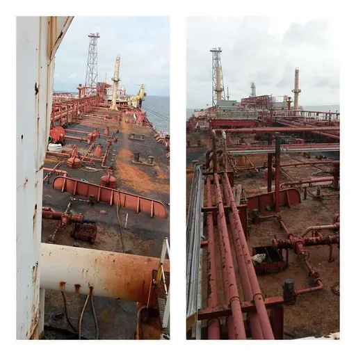This combination of photos provided by Pius Orofin, a deck operator aboard the Trinity Spirit oil ship, shows rusted areas of the ship moored 15 miles off the coast of Nigeria, in November 2021. The ship, used to store and refine large quantities of oil extracted from the ocean floor, caught fire on Feb. 2, 2022. The three survivors of the Trinity Spirit's explosion - Orofin, Patrick Aganyebi and Lawrence Yorgolo - told the AP of the lack of safety procedures on the ship and of equipment failure