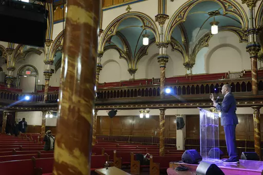 House Minority Leader Hakeem Jeffries, D-N.Y., records a welcome message for an upcoming conference of preachers at Cornerstone Baptist Church in New York, Thursday, Jan. 25, 2024. For Jeffries, 53, his leadership in the House traces back to his formative days growing up and serving at Cornerstone, a historically Black congregation which he still attends. “It certainly was an important part of my mother’s life, and therefore my younger brother’s and myself,” he said during an interview. 