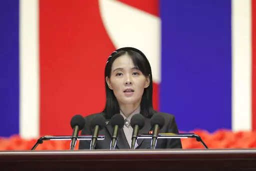 This photo provided on Aug. 14, 2022, by the North Korean government, Kim Yo Jong, sister of North Korean leader Kim Jong Un, delivers a speech during the national meeting against the coronavirus, in Pyongyang, North Korea, on Wednesday, Aug. 10, 2022. In a Friday, Aug. 19, 2022, commentary published by local media, Kim says her country will never accept South Korean President Yoon Suk Yeol’s “foolish” offer of economic benefits in exchange for denuclearization steps, accusing Seoul of rec