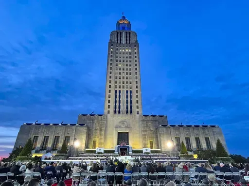 People listen to Louisiana Republican Gov. Jeff Landry speak during his inauguration ceremony at the State Capitol building in Baton Rouge, La., Jan. 7, 2024. (AP Photo/Matthew Hinton, File)