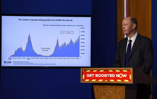 England's Chief Medical Officer Chris Whitty speaks during a media briefing on COVID-19, in Downing Street, London, Wednesday Dec. 15, 2021. (Tolga Akmen/Pool via AP)