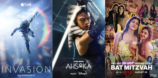 This combination of images shows promotional art for the second season of "Invasion," premiering Aug. 23 on Apple TV+, left, “Star Wars: Ahsoka," a new series premiering Aug. 23 on Disney+ and "You Are So Not Invited to My Bat Mitzvah,” a film streaming Aug. 25 on Netflix. (Apple TV+/Disney+/Netflix via AP)