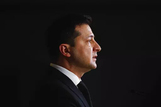 Ukraine's President Volodymyr Zelenskyy speaks during a media conference at an Eastern Partnership Summit in Brussels, Dec. 15, 2021. (Johanna Geron/ Pool Photo via AP, File)