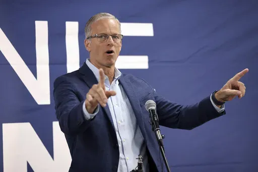 Sen. John Thune of South Dakota, speaks in support of Ohio Republican candidate for the United States Senate, Bernie Moreno (not pictured) during a bus tour stop for the Ohio Senate race in Columbus, Ohio, Monday, Oct. 28, 2024. (AP Photo/Joe Maiorana)