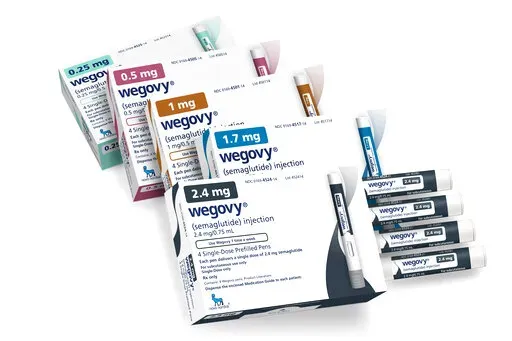 This image provided by Novo Nordisk in January 2023, shows packaging for the company's Wegovy drug. Children struggling with obesity should be evaluated and treated early and aggressively, with medications for kids as young as 12 and surgery for those as young as 13 who qualify, according to new guidelines released by the American Academy of Pediatrics on Monday, Jan. 9, 2023. A study published in the New England Journal of Medicine in December 2022, found that Wegovy helped teens reduce their b