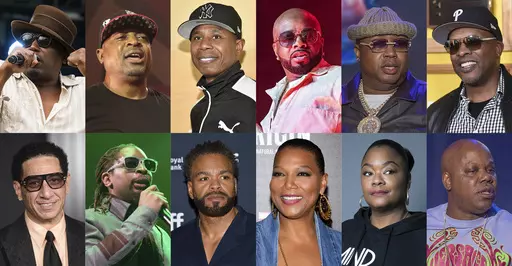 This combination of photos shows, top row from left, Big Daddy Kane, Chuck D, Doug E. Fresh, Jermaine Dupri, E40 and DJ Jazzy Jeff, bottom row from left, Kid Capri, Lil Jon, Method Man, Queen Latifah, Roxanne and Too Short. (AP Photo)