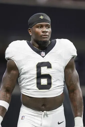 New Orleans Saints linebacker Willie Gay Jr. (6) warms up prior to an NFL football game against the Atlanta Falcons, Sunday, Sept. 29, 2024, in Atlanta. (AP Photo/Stew Milne, File)