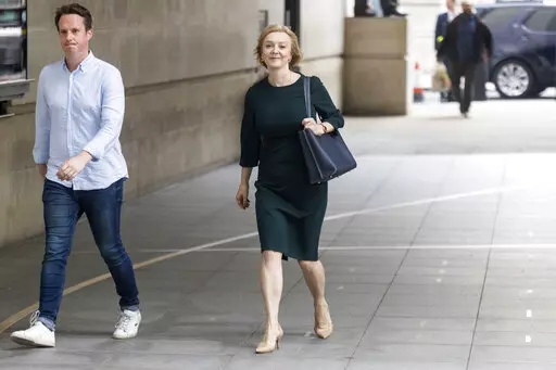 Liz Truss arrives at BBC Broadcasting House in London, to appear on the BBC One current affairs programme, Sunday with Laura Kuenssberg, Sunday Sept. 4, 2022. (James Manning/PA via AP)