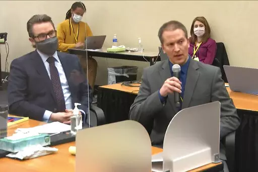 In this April 15, 2021, file image from video, defense attorney Eric Nelson, left, and defendant, former Minneapolis police Officer Derek Chauvin, address Hennepin County Judge Peter Cahill at the Hennepin County Courthouse in Minneapolis. As the federal trial for three former Minneapolis officers charged with violating George Floyd's civil rights is set to begin Monday, Jan. 24, 2022, some wonder whether Derek Chauvin – the officer already convicted of Floyd's murder – will take the stand. 