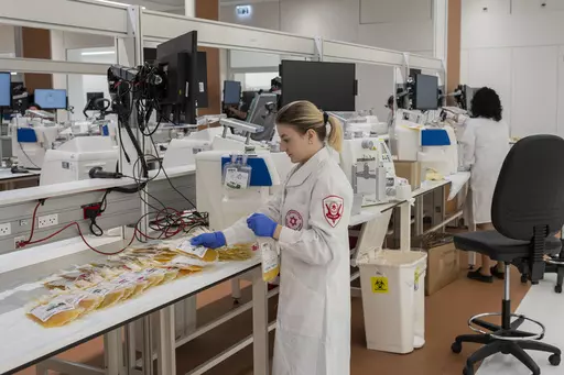 Staff work at the Magen David Adom's (MDA) Marcus National Blood Services Center, in Ramla, Israel, Sunday, Oct. 29, 2023. The blood bank and processing center is a subterranean and shielded facility that became operational a few days before Oct. 7, when Hamas launched a deadly attack on Israeli areas near the border with the Gaza Strip. (AP Photo/Bernat Armangue, File)