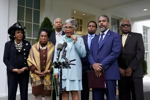 Rep. Joyce Beatty, D-Ohio, chair of the Congressional Black Caucus, speaks with members of the press after meeting with President Joe Biden at the White House, March 7, 2022, in Washington. Standing with Beatty are Rep. Frederica Wilson, D-Fla., from left, Rep. Sheila Jackson Lee, D-Texas, Rep. Hank Johnson, D-Ga., Rep. Joe Neguse, D-Colo., Rep. Steven Horsford, D-Nev., and House Majority Whip Jim Clyburn, D-S.C. With their agenda stalled in Congress and the midterm election fast approaching, De