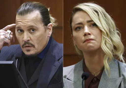 This combination of photos shows actor Johnny Depp testifying at the Fairfax County Circuit Court in Fairfax, Va., on April 21, 2022, left, and actor Amber Heard testifying in the same courtroom on May 26, 2022. The judge in the Johnny Depp-Amber Heard defamation trial made a jury's award official Friday with a written order for Heard to pay Depp $10.35 million for damaging his reputation by describing herself as a domestic abuse victim in an op-ed piece she wrote. (AP Photo)