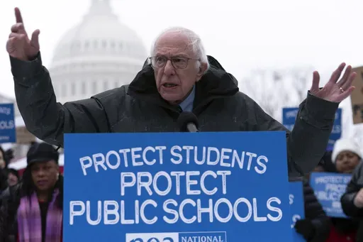 Sen. Bernie Sanders, I-Vt., speaks during a rally against the policies of President Donald Trump and Elon Musk at the U.S. Capitol in Washington, Wednesday, Feb. 12, 2025. (AP Photo/Jose Luis Magana)