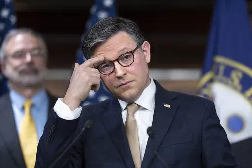 Speaker of the House Mike Johnson, R-La., meets with reporters as House Republicans push ahead with a go-it-alone strategy on an interim GOP spending bill that would keep federal agencies funded through Sept. 30, at the Capitol, in Washington, Tuesday, March 11, 2025. (AP Photo/J. Scott Applewhite)