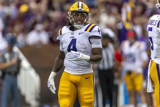 LSU running back John Emery Jr. (4) during the first half of an NCAA football game, Sept. 16, 2023, in Starkville, Miss. (AP Photo/Vasha Hunt, File)