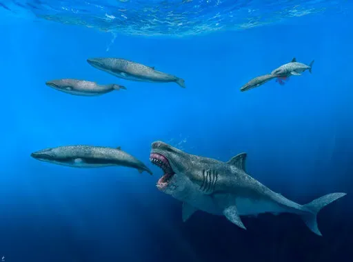 This illustration provided by J. J. Giraldo depicts a 16-meter (52-foot) Otodus megalodon shark predating on an 8-meter (26-foot) Balaenoptera whale in the Pliocene epoch, between 5.4 to 2.4 million years ago. At background right, a 4-meter (13-foot) Carcharodon shark seizes a 2.5-meter (8-foot) juvenile of the whale pod. The giant megalodon shark that roamed the oceans millions of years ago could have devoured a creature the size of a killer whale in just five bites, according to a study publis