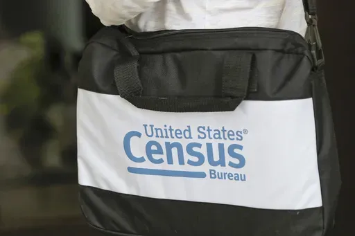 A briefcase of a census taker is seen as she knocks on the door of a residence, Aug. 11, 2020, in Winter Park, Fla. (AP Photo/John Raoux, File)