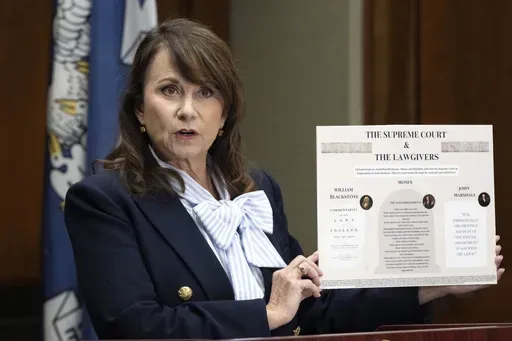 Louisiana Attorney General Liz Murrill speaks holds up a mini-display showing the Ten Commandments during a press conference regarding the Ten Commandments in schools Monday, Aug. 5, 2024, in Baton Rouge, La. (Hilary Scheinuk/The Advocate via AP, File)