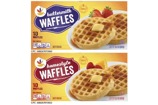 This image provided by TreeHouse Foods, Inc., shows the packaging of two styles of waffles, among hundreds of brands of frozen waffles, that are part of a voluntary recall because the products could be contaminated with dangerous listeria bacteria, the manufacturer, TreeHouse Foods, Inc.,, said Tuesday. (TreeHouse Foods, Inc. via AP)