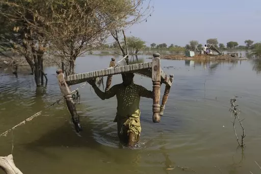 Villagers retrieve belongings, which were they kept on the higher ground surrounded floodwaters, at a village in Sohbat Pur, a flood-hit district of Baluchistan province, Pakistan, Oct. 25, 2022. Far more people are in harm's way as they move into high flood zones across the globe, adding to an increase in watery disasters from climate change, a new study said. (AP Photo/Fareed Khan, File)
