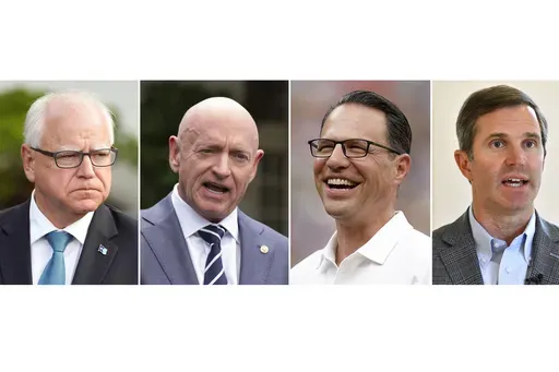 This composite left to right, shows Minnesota Gov. Tim Walz, center, July 3, 2024, in Washington, Sen. Mark Kelly, D-Ariz., June 4, 2024, in Washington, Pennsylvania Gov. Josh Shapiro, July 20, 2024, in Pittsburgh, and Kentucky Gov. Andy Beshear in Frankfort, Ky., July 22, 2024. As Vice President Kamala Harris prepares to announce her running mate, a new poll from the Associated Press-NORC Center for Public Affairs Research finds that several of the top potential contenders for the role are larg