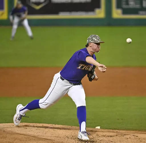 LSU starting pitcher Paul Skenes throws against Samford during an NCAA college baseball game Friday, March 10, 2023, in Baton Rouge, La. After throwing 6 1/3 scoreless innings in a 12-0 win over Texas A&M on Friday, the big right-hander has won all five of his starts and has a nation-leading 59 strikeouts against four walks in 30 1/3 innings.(Hilary Scheinuk/The Advocate via AP, File)