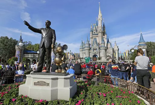 In this Jan. 9, 2019 photo, a statue of Walt Disney and Micky Mouse stands in front of the Cinderella Castle at the Magic Kingdom at Walt Disney World in Lake Buena Vista, Fla. The Walt Disney Co. will be laying off several thousand employees in the week starting Monday, April 24, 2023, a second round of cuts that's part of a previously announced plan to eliminate 7,000 jobs this year. (AP Photo/John Raoux)