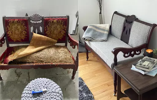 This combination of photos released by Shawn Hollenbach shows the transformation of an antique settee. America’s attics, basements and garages are filled with hand-me-down home decor and household goods waiting to be unearthed. And this may be the perfect moment for that to happen, with prices rising and supply chains at a crawl.  (Shawn Hollenbach via AP)