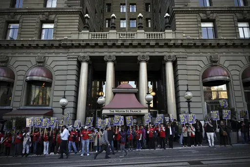 Hotel workers and members of Unite Here Local 2 march through downtown in San Francisco, on Oct. 30, 2024. (Carlos Avila Gonzalez/San Francisco Chronicle via AP, File)