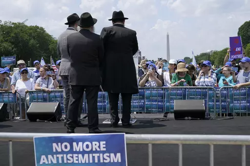 People attend the "NO FEAR: Rally in Solidarity with the Jewish People" event in Washington, Sunday, July 11, 2021, co-sponsored by the Alliance for Israel, Anti-Defamation League, American Jewish Committee, B'nai B'rith International and other organizations. The American Jewish Committee released a survey on Tuesday, Feb. 13, 2024, that found nearly two-thirds of American Jews feel less secure in the U.S. than they did a year ago. The group conducted the survey on antisemitism last fall just as