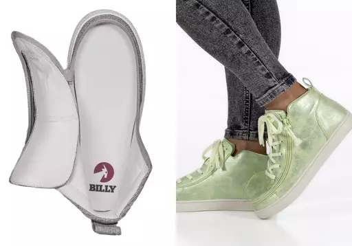This combination of photos show adaptive shoes by Billy Footwear. More companies are offering adaptive wear and accessories. (Billy Footwear via AP).