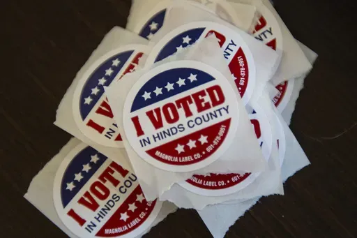 I Voted stickers at Willie Morris Library, Precinct 34, in Jackson, Miss., on Tuesday, Mar. 12, 2024. (Lauren Witte/The Clarion-Ledger via AP, File)