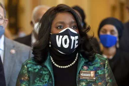 Rep. Terri Sewell, D-Ala., alongside other members of the Congressional Black Caucus, speaks in front of the senate chambers about their support of voting rights legislation at the Capitol in Washington, on Jan. 19, 2022. The Supreme Court's decision to halt efforts to create a second mostly Black congressional district in Alabama for the 2022 election has sparked fresh warnings that the court is eroding the Voting Rights Act and reviving the need for Congress to intervene. (AP Photo/Amanda Andr