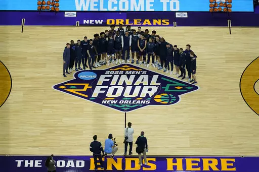The Villanova team poses after practice for the men's Final Four NCAA college basketball tournament, Friday, April 1, 2022, in New Orleans. (AP Photo/David J. Phillip)