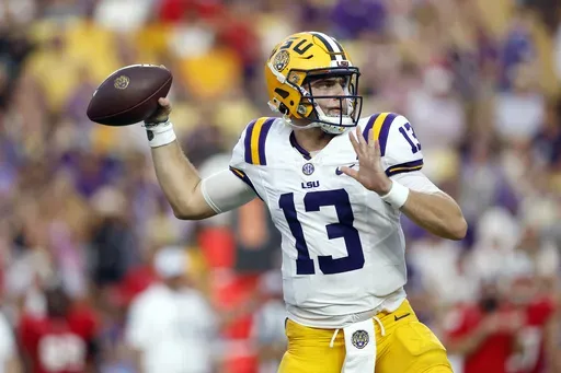 LSU quarterback Garrett Nussmeier (13) looks to pass during the first half of an NCAA college football game against Nicholls State in Baton Rouge, La., Saturday, Sept. 7, 2024. (AP Photo/Tyler Kaufman)