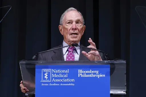 Michael Bloomberg announces his organization, Bloomberg Philanthropies, will give $600 million to the endowments of the four historically Black medical schools at the National Medical Association convention, Tuesday Aug. 6, 2024, in New York (AP Photo/Kena Betancur)