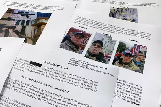 The statement of facts to support the arrest warrant for Rodney Milstreed of Finksburg, Md., is photographed Tuesday, May 24, 2022 in Washington. (AP Photo/Jon Elswick, File)