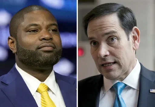 This combination photo shows Rep. Byron Donalds, R-Fla., on, June 15, 2024, in Detroit, left, and Sen. Marco Rubio, R-Fla., at the Capitol in Washington, Feb. 9, 2023. As former President Donald Trump narrows his options for potential running mates, Donalds and Rubio, known to be on his list, are from Florida, leaving open a scenario where his vice presidential nominee would have to move if he wins. (AP Photo)