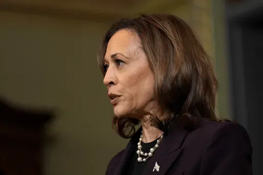Vice President Kamala Harris speaks following a meeting with Israeli Prime Minister Benjamin Netanyahu at the Eisenhower Executive Office Building on the White House complex in Washington, Thursday, July 25, 2024. (AP Photo/Julia Nikhinson)