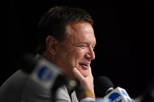 Kansas head coach Bill Self speaks during a news conference about the Men's Final Four NCAA basketball tournament, Sunday, April 3, 2022, in New Orleans. North Carolina will face Kansas in the final game on Monday. (AP Photo/Brynn Anderson)