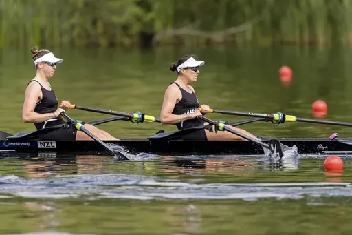 Brooke Francis, left, and Lucy Spoors of New Zealand compete in the Women's Double Sculls semi final on the second day of the 2024 World Rowing Cup at Rotsee, in Lucerne, Switzerland, Saturday, May 25, 2024. (Philipp Schmidli/Keystone via AP, File)