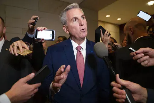 House Minority Leader Kevin McCarthy, of Calif., talks to reporters, Tuesday, Nov. 15, 2022, on Capitol Hill in Washington. (AP Photo/Jacquelyn Martin)