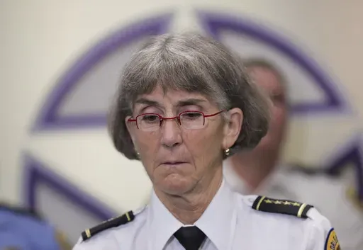 New Orleans Police Superintendent Anne Kirkpatrick shares information about the investigation of Sunday's shootings during a press conference at the NOPD headquarters on Poydras Street in New Orleans, Monday Nov. 18, 2024. (David Grunfeld/The Times-Picayune/The New Orleans Advocate via AP)