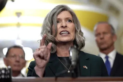 Sen. Joni Ernst, R-Iowa, talks after a policy luncheon on Capitol Hill, Sept. 24, 2024, in Washington. (AP Photo/Mariam Zuhaib, File)