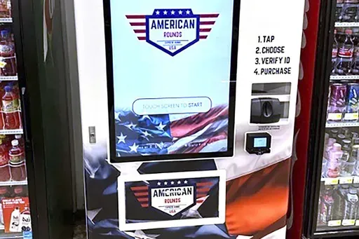 This undated photo provided by American Rounds shows a vending machine that sell ammunition in several locations across the United States. The machines scan a customers’ drivers license and uses facial scanning to verify a purchaser’s identity and that they are at least 21. (American Rounds via AP)
